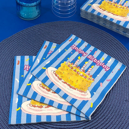 Dining Collection Lunch Napkins - Birthday Cake / Blue Stripes-(#24201)