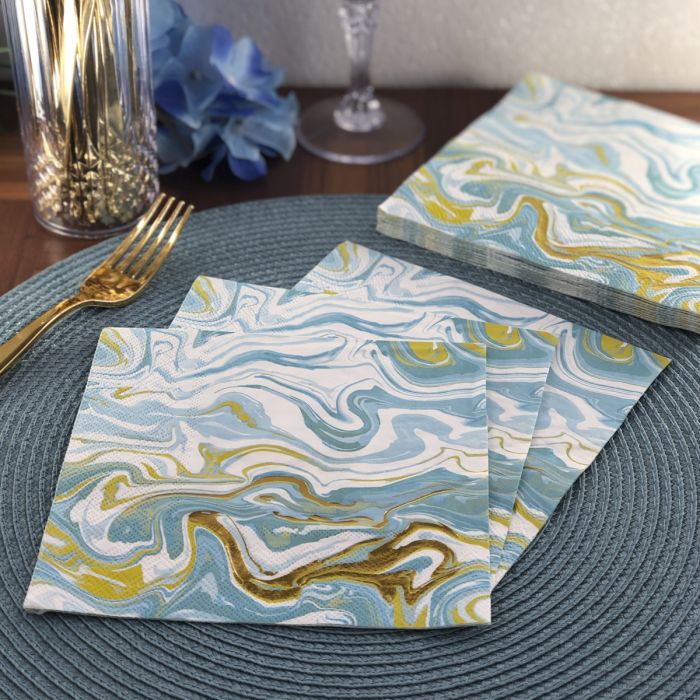 Dining Collection Lunch Napkins - Blue & Gold Swirls - (#24308)